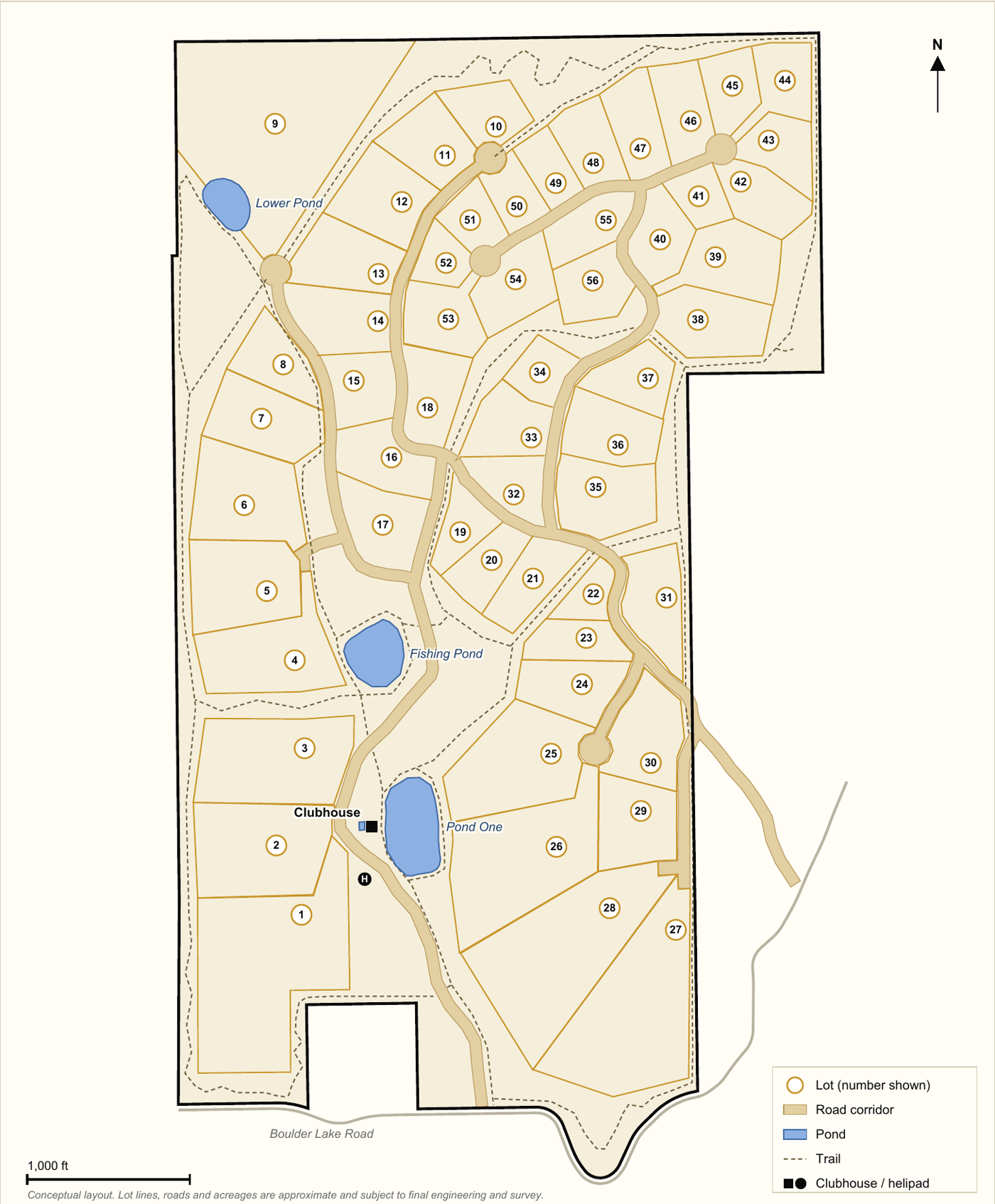 Conceptual plat map of Shaw Ranch showing 56 lots, roads, ponds, trails, and the clubhouse
